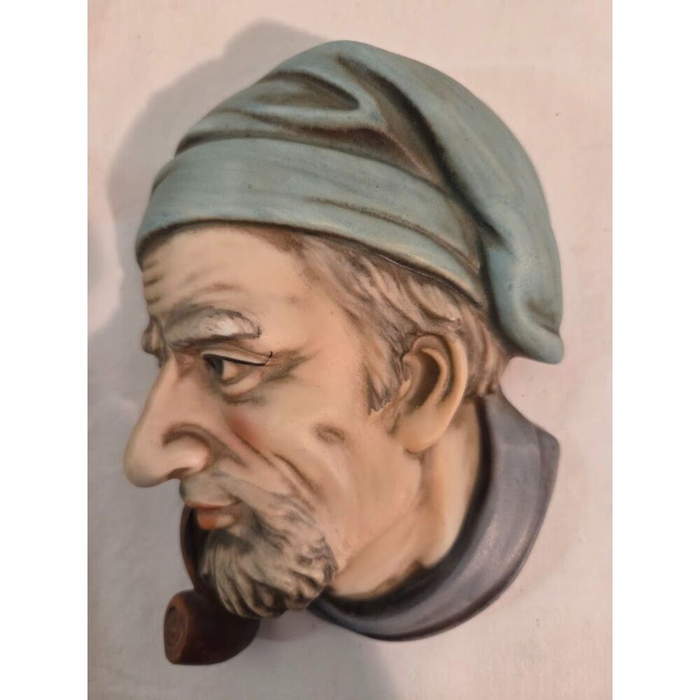 Vintage Old Man Pipe Smoker Wall Plaques Pair Character Heads